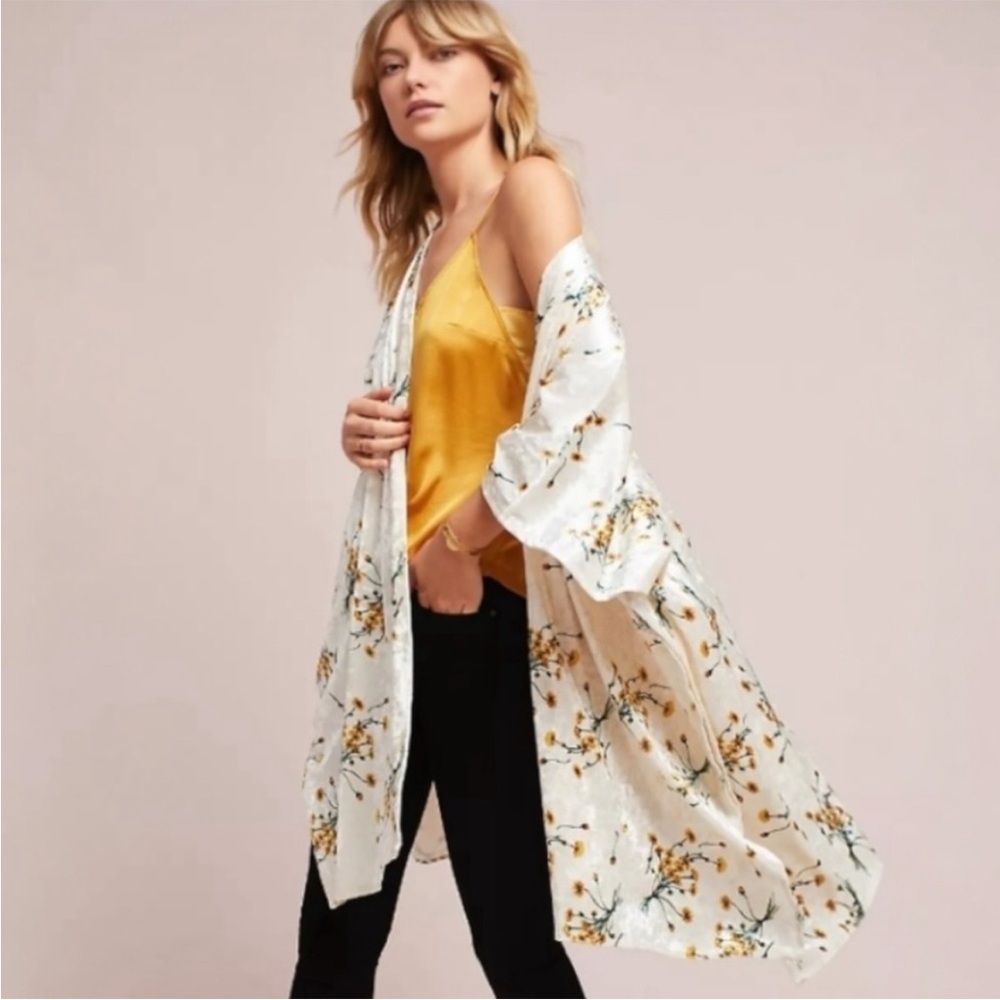FLOREAT Anthropologie Velvet Floral Kimono Duster Boho Open Front One Size